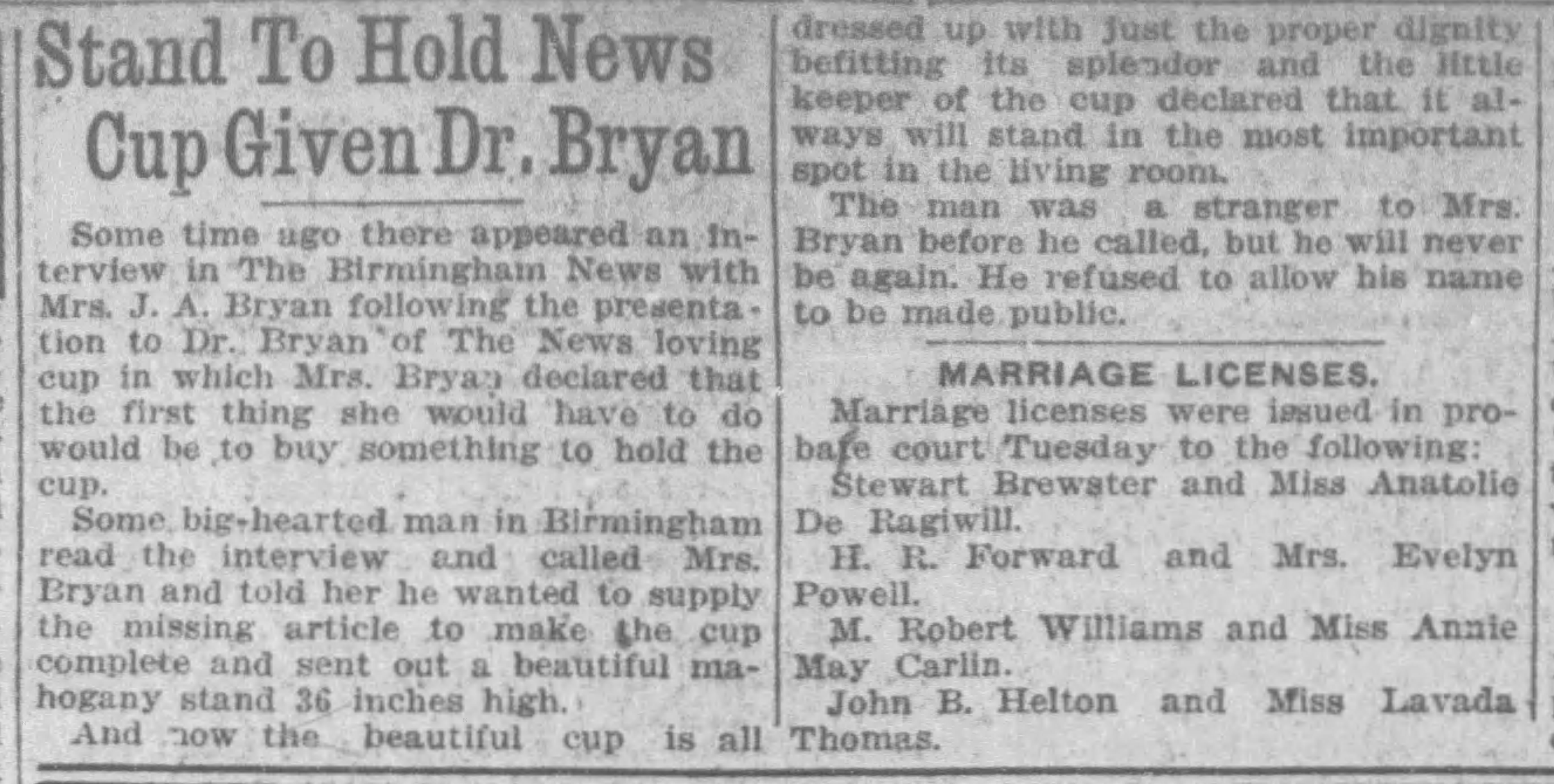 Stand To Hold News Cup Given Dr. Bryan